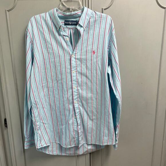 Ralph Lauren Mens XL Blue Pink Striped Long Sleee Lightweight Button Down Shirt - Picture 2 of 4